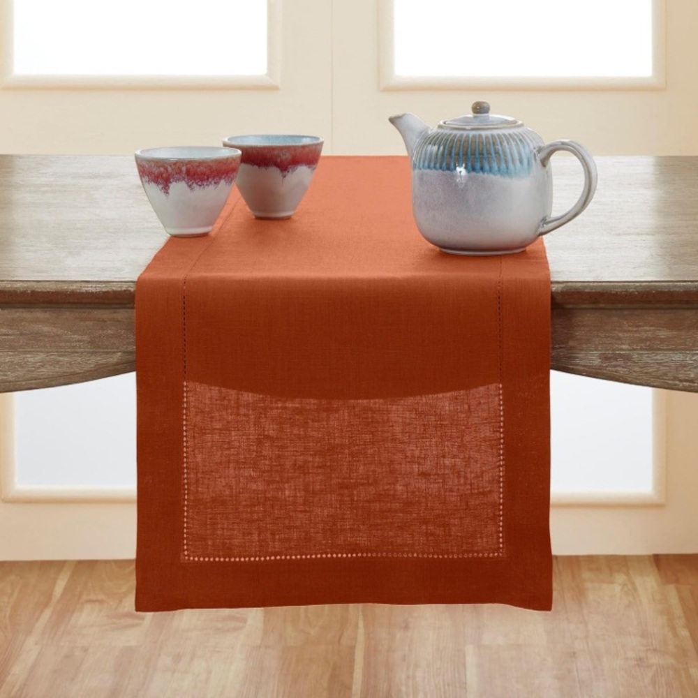 Solino Home Linen Table Runner Cinnamon 14 x 48 Classic Hemstitch Solid Modern